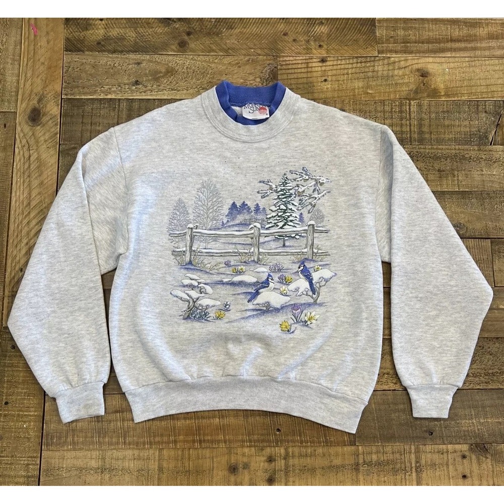 VTG 90s Blue Jay Winter Country Scene Womens M Sweatshirt Morning Sun (Flaw)